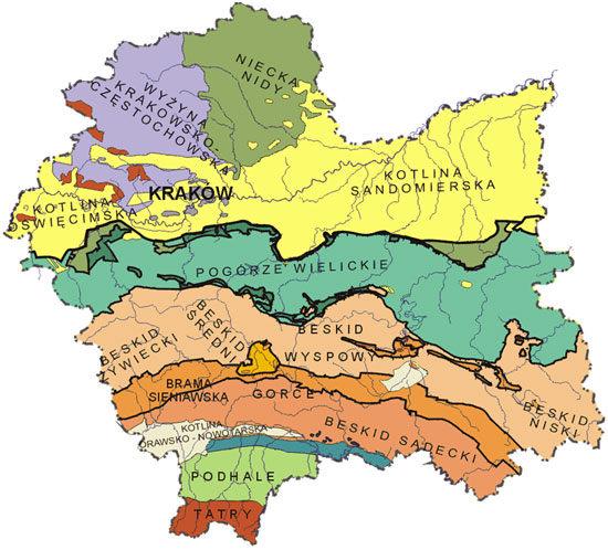 Mapa regionów geograficznych Małopolski